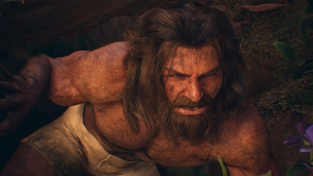 Wolverine del pasado, salvaje, desnudo, con el pelo largo y una mirada feroz mientras gruñe