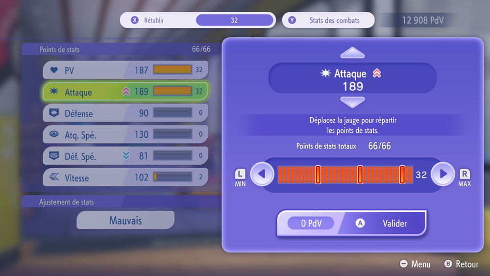 Anteprima del menu di allenamento del Pokémon, con IV ed EV