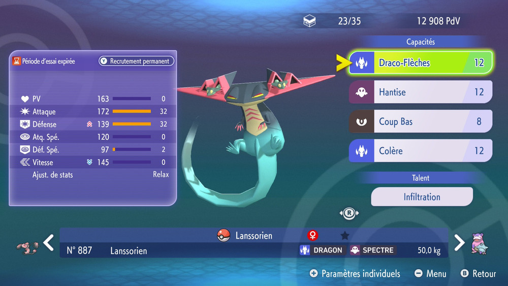 Scheda di un Pokémon di tipo Drago e Spettro con abilità e statistiche