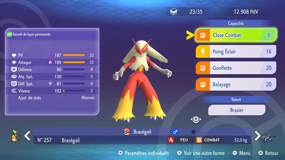 Scheda di un Pokémon di tipo Lotta e Fuoco con abilità e statistiche