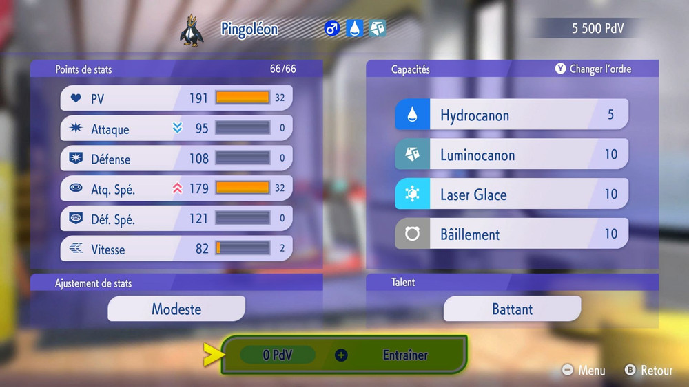 Schermata di un menu con le statistiche e le mosse di un Pokémon