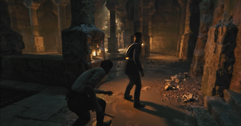Stealth gameplay clip showing Enzo holding a knife, ready to assassinate a guard in front of him