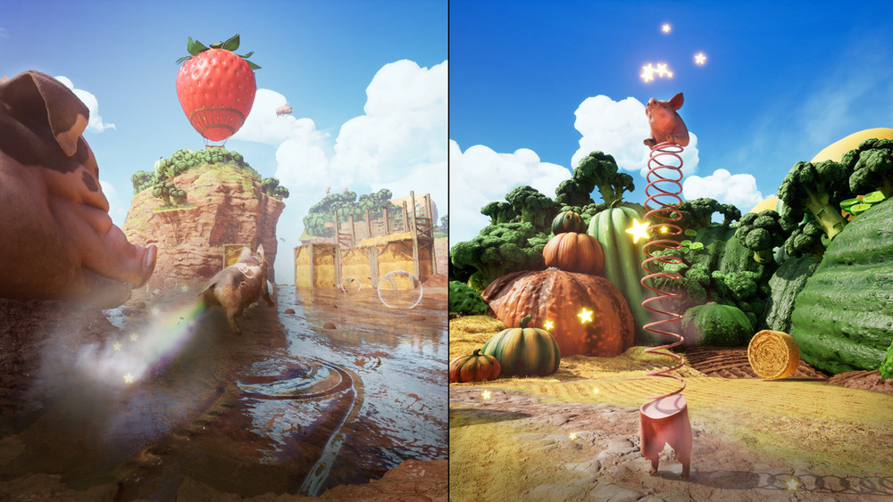 Gameplay aus einem skurrilen Level, in dem man Schweine spielt