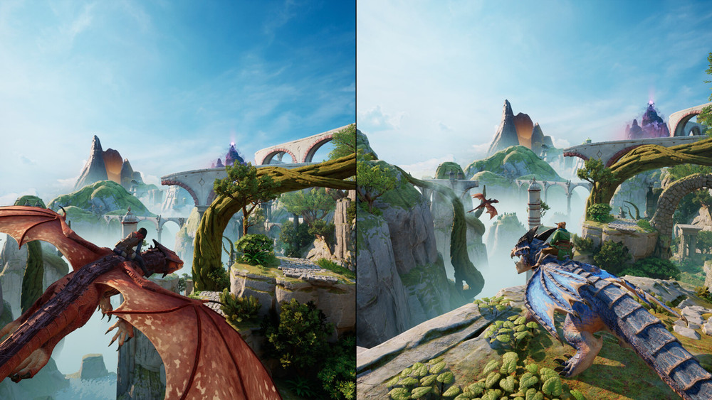 Gameplay auf dem Rücken von Drachen – einem blauen und einem roten – im Abenteuer „Split Fiction“