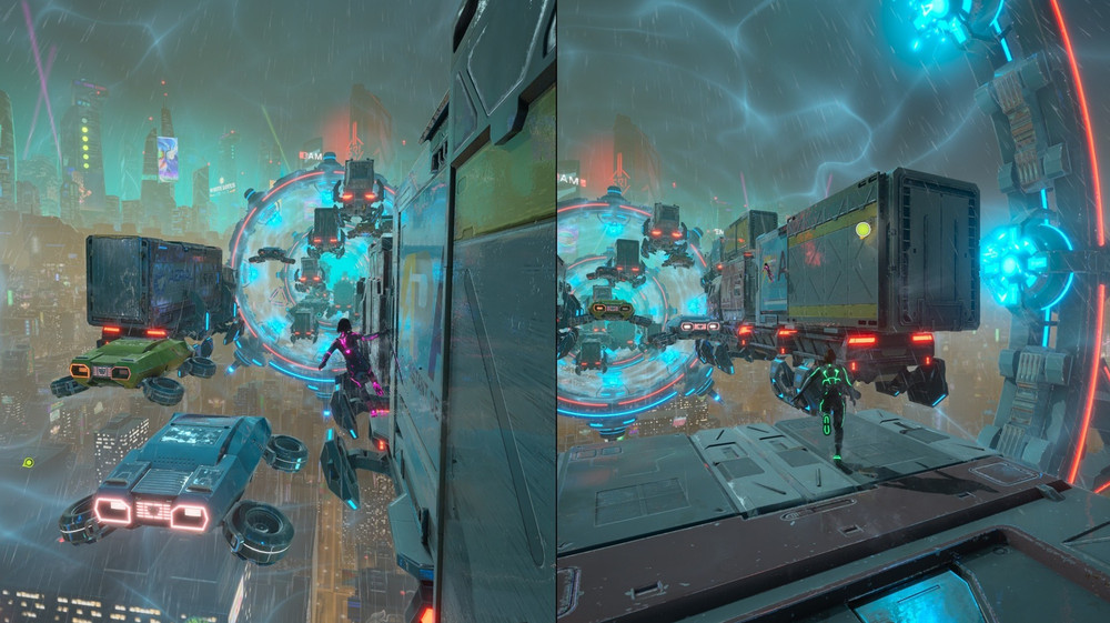 Gameplay in einem futuristischen Level, in dem man zwischen fliegenden Fahrzeugen hin und her springt