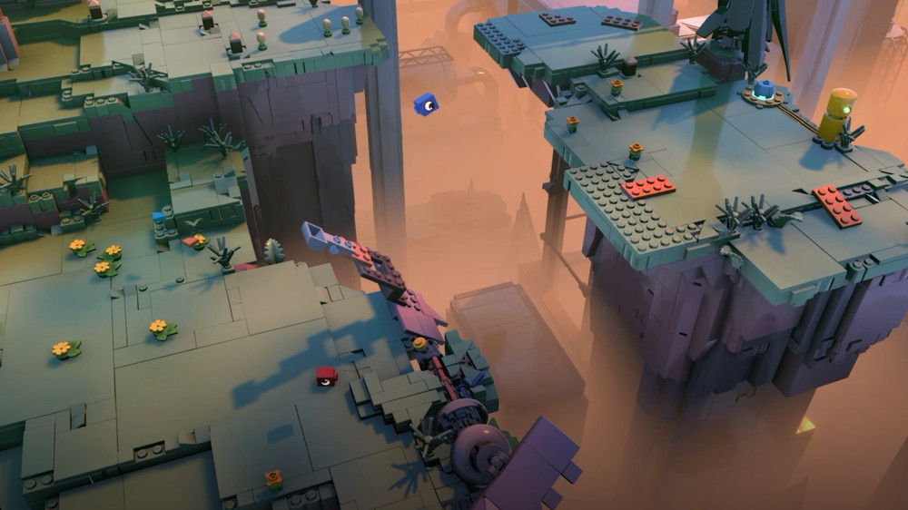 La brique LEGO bleue qui est catapultée au-dessus du vide par l’autre brique