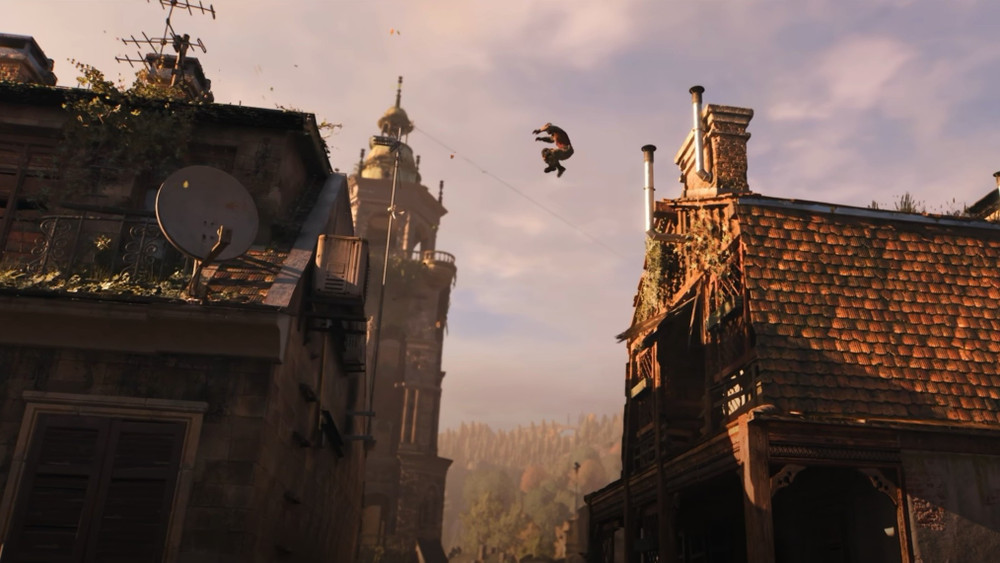 Jumping between two rooftops in the town of Castor Woods