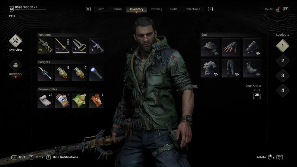 Menu, inventory, and equipment interface