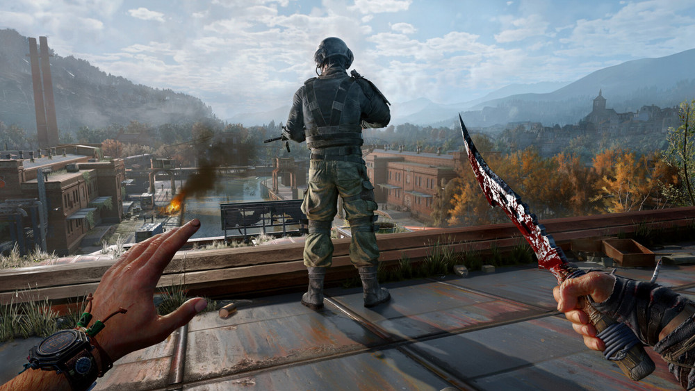 Stealth gameplay clip on a rooftop, armed with a knife, behind an enemy