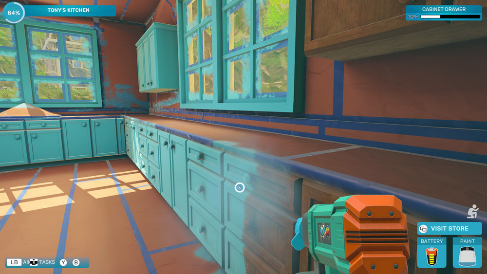 The player painting a kitchen covered in protective sheeting