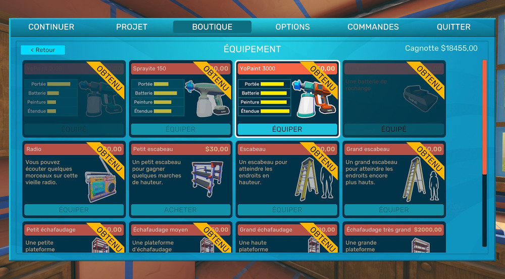 A menu showing the various pieces of equipment available