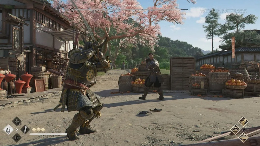 Yasuke avec son katana face à un ennemi, dans l’allée d’un village