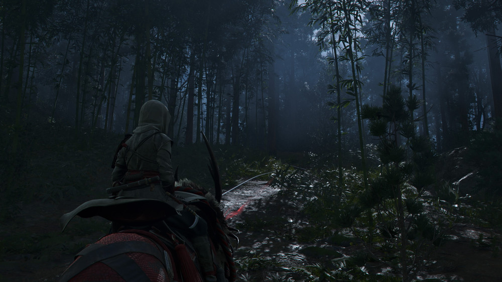 Naoe en promenade nocturne sur sa monture dans une forêt de bambous