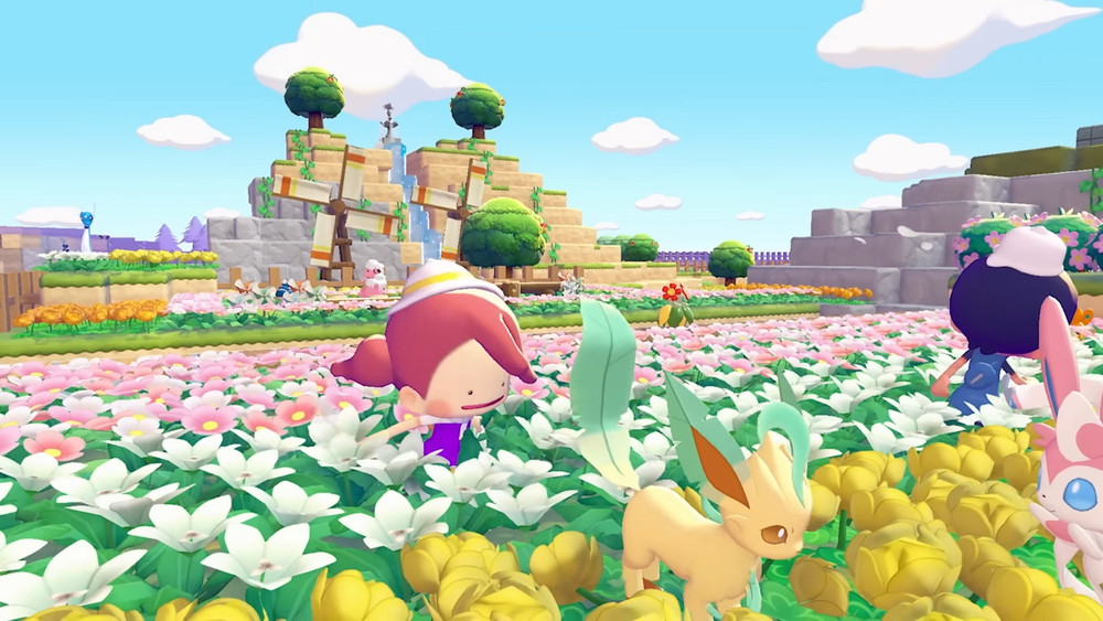 Le joueur dans un champ de fleurs avec des Pokémon