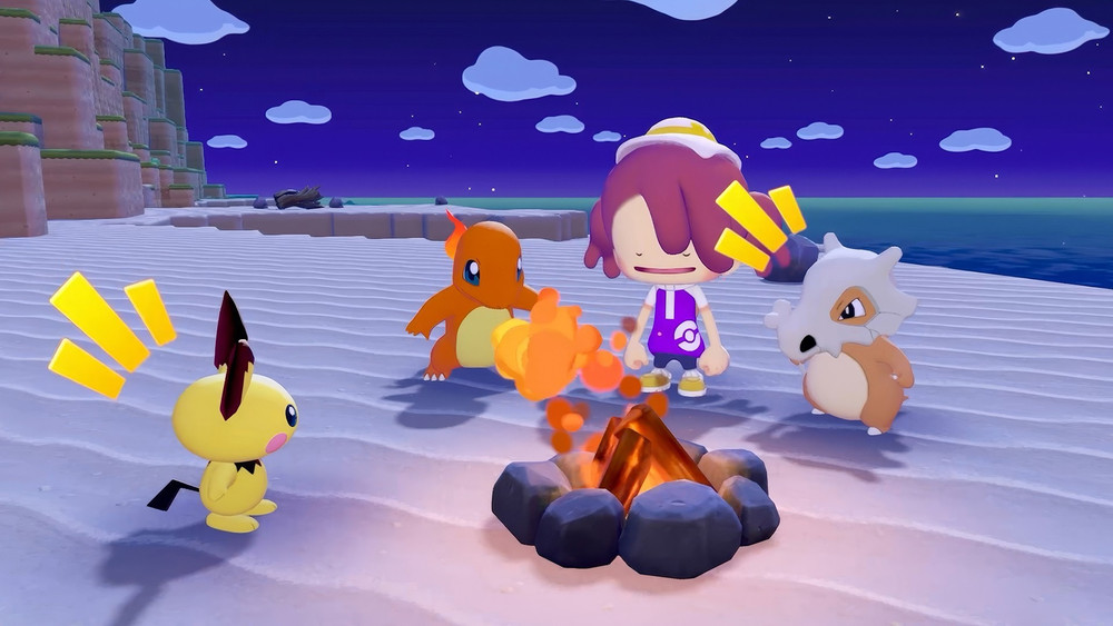 Le joueur autour d’un feu de camp avec des Pokémon