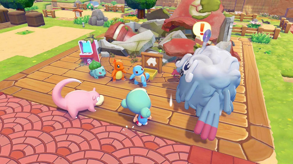 Différents Pokémon autour du centre du village, encore démoli
