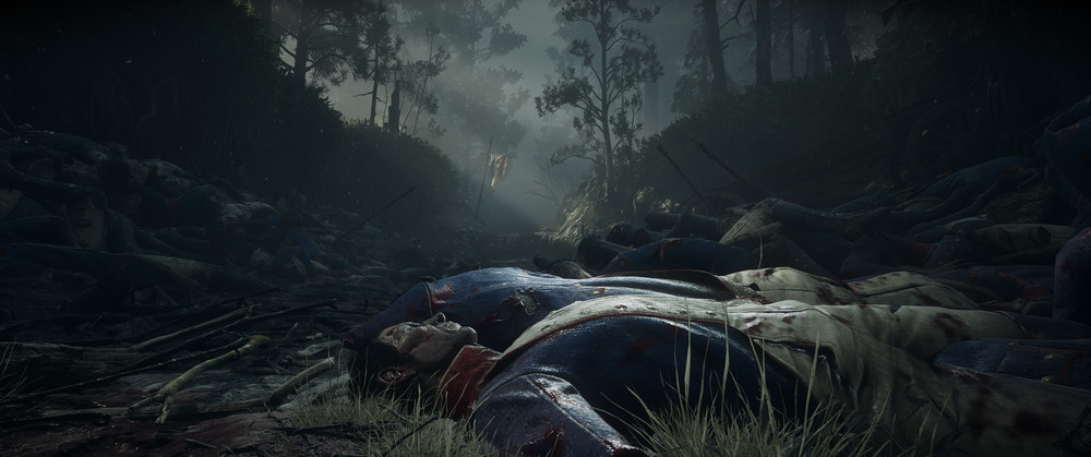 Début du jeu dans une vallée remplie de cadavres
