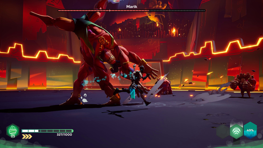 Battle against a boss named Marik on a red, rocky planet