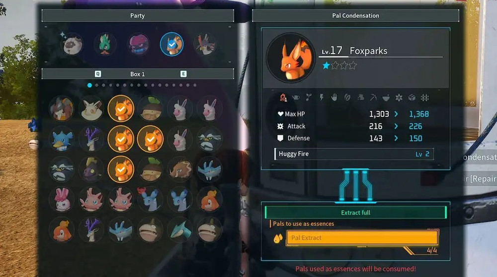 Menu permettant de fusionner ses pals pour obtenir de meilleures statistiques