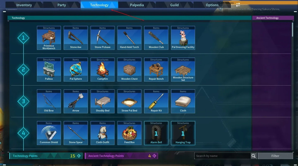 Aperçu de la liste des crafts disponibles dans le jeu