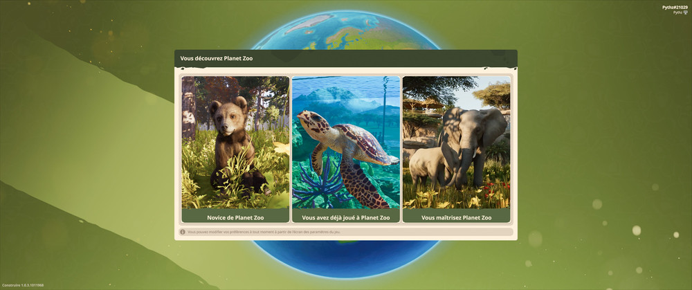 Startmenü von „Planet Zoo 2“, in dem man seine Erfahrungsstufe auswählen kann