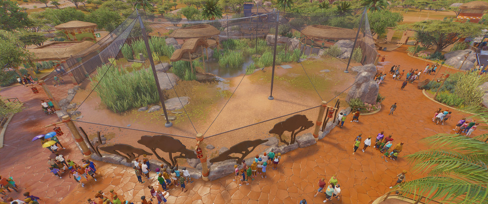 Gesamtansicht einer Voliere in einem Zoo im afrikanischen Stil