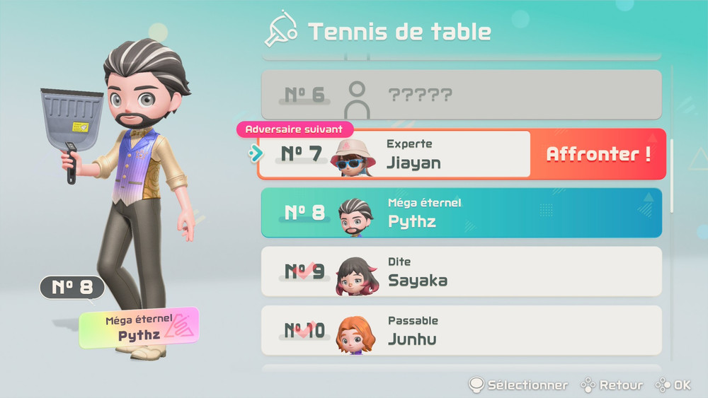 Affichage du classement au tennis de table, avec le joueur qui tient une pelle en guise de raquette
