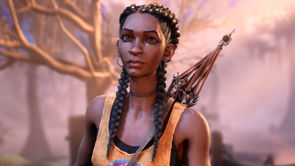 Hazel standing in the swamp, with a blurred background behind her