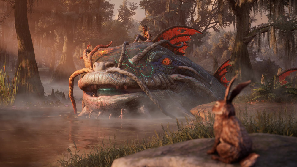 The game’s fish character swimming in the swamp