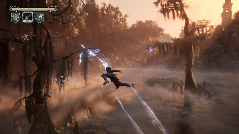 Gameplay clip showing Hazel exploring by swinging from tree to tree