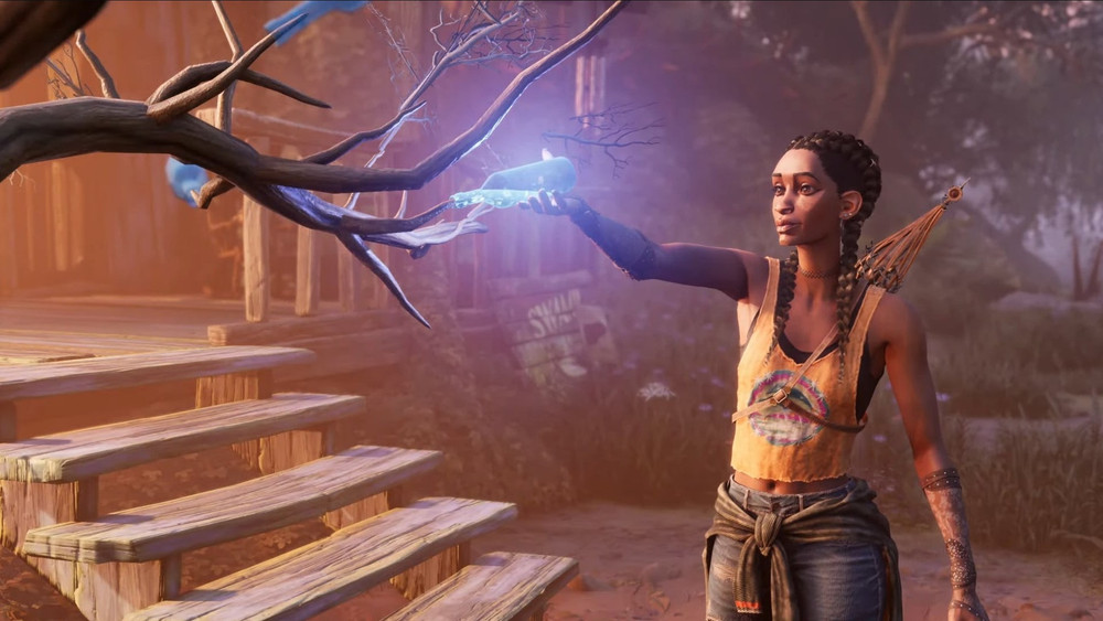 Excerpt from a cutscene in which Hazel picks a bottle from a tree
