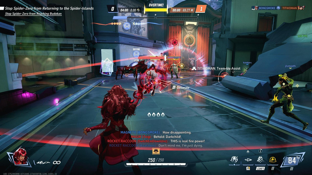 Gameplay de Scarlet Witch qui lance des absorptions de points de vie en plein combat