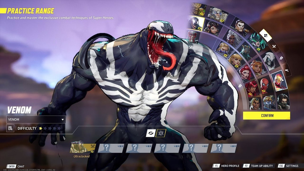 Menu de sélection du héros en partie, avec Venom sélectionné