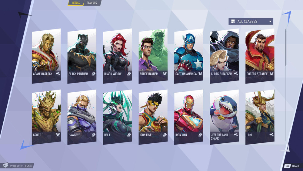 Menu présentant toutes les fiches de personnages disponibles