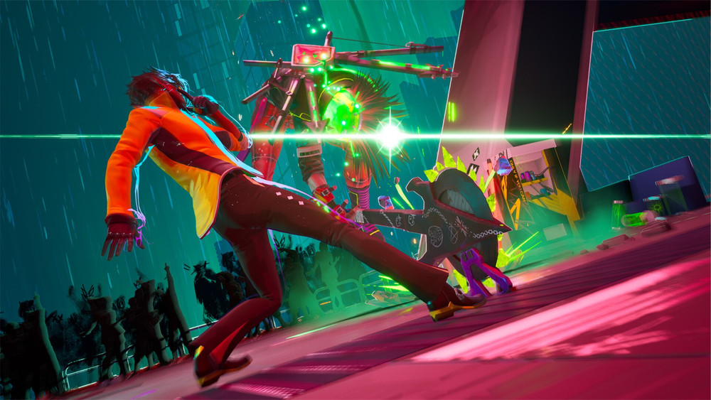 Still image from a cutscene in which a boss enters the arena