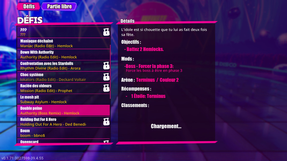 Menu displaying the challenges available in free-play mode