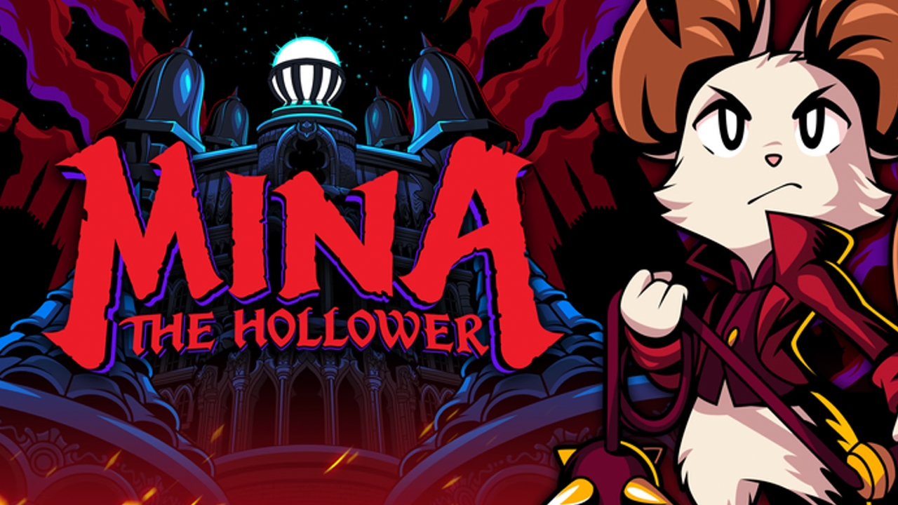 Arte promocional do jogo Mina the Hollower com o título em destaque e a protagonista segurando um chicote em frente a um castelo gótico