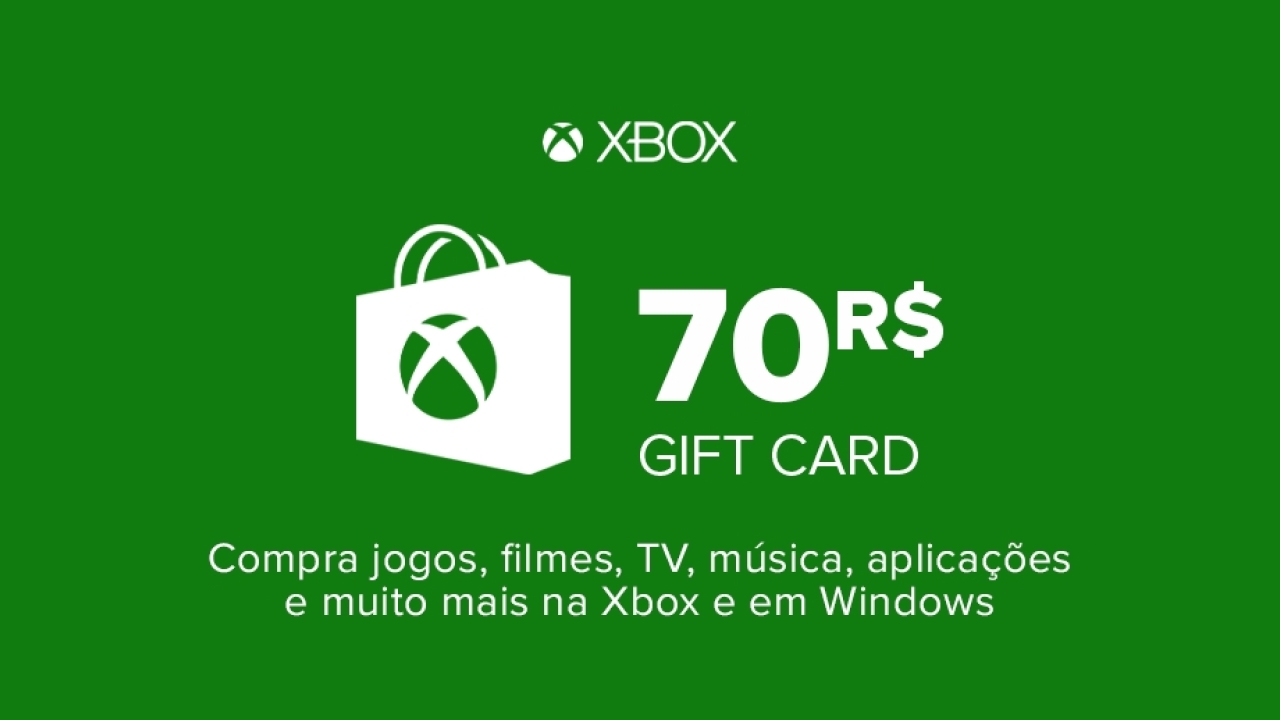 Cartão presente digital Xbox com valor de 70 reais em fundo verde, exibindo uma sacola de compras com o logo do Xbox e a frase que indica a possibilidade de comprar jogos, filmes e aplicativos.