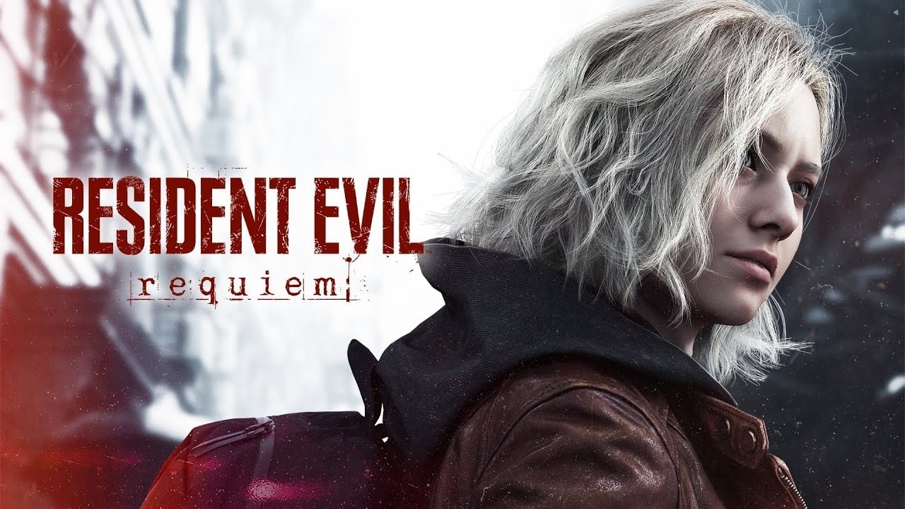 Arte promocional de Resident Evil Requiem com uma personagem de cabelo loiro platinado e jaqueta marrom, com o título do jogo em vermelho e fundo de cidade em ruínas.