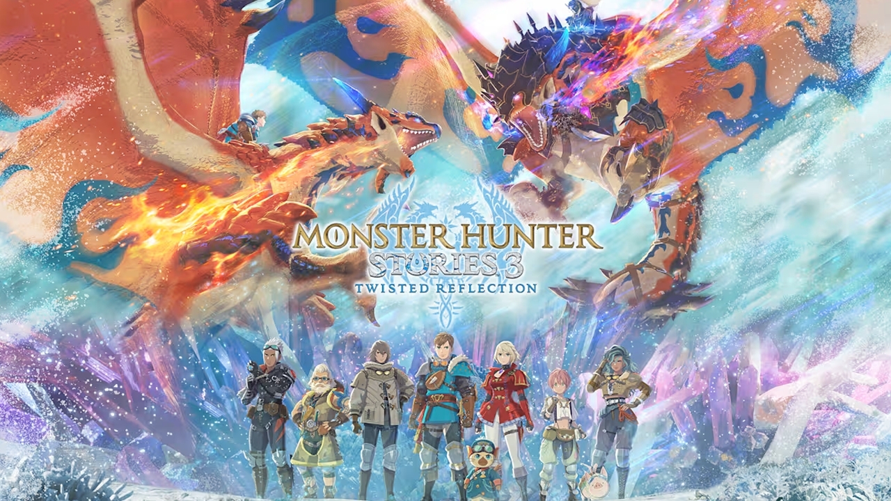 Capa oficial de Monster Hunter Stories 3: Twisted Reflection exibindo o elenco de personagens e monstros