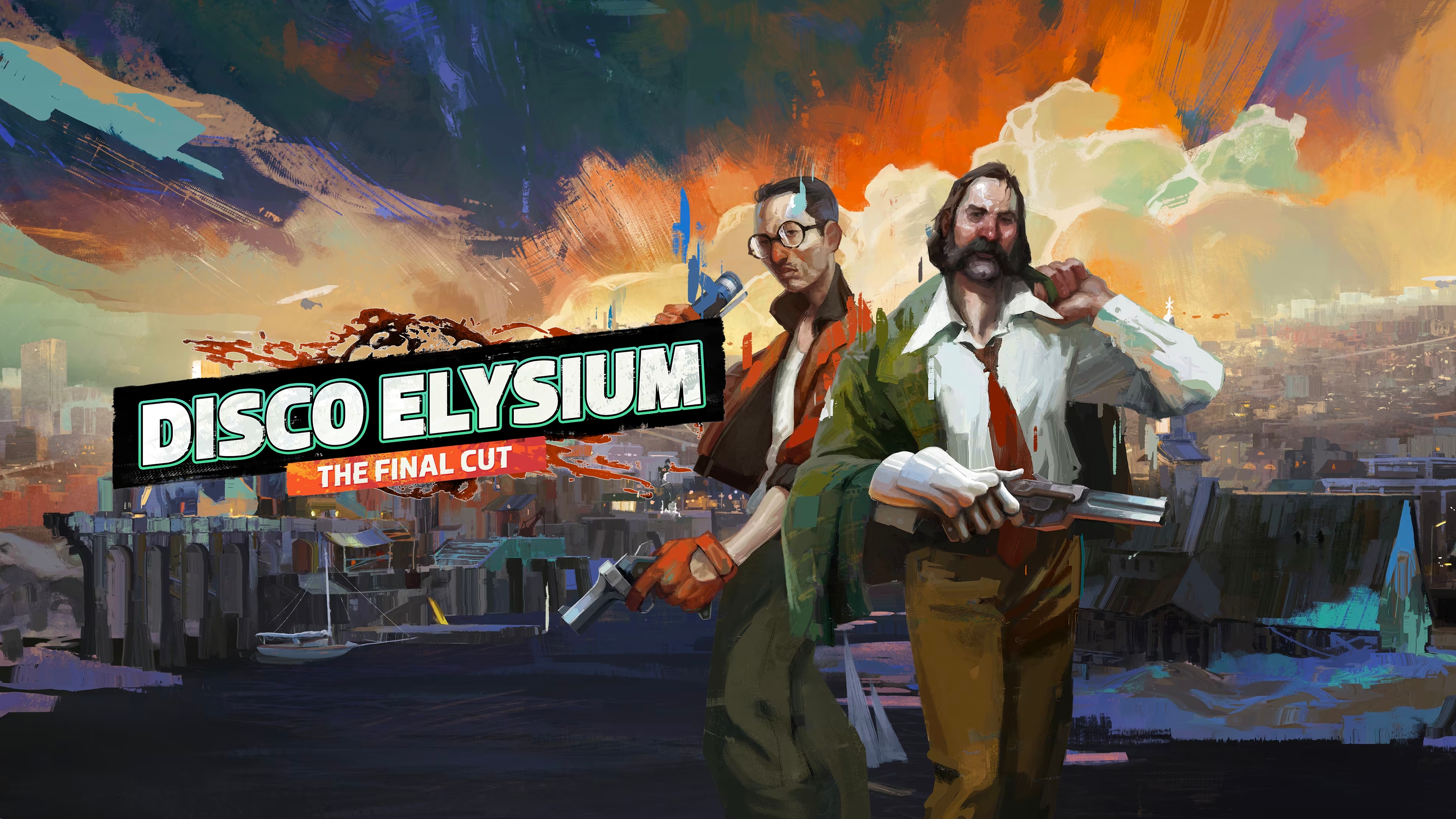 Ilustrasi dua karakter utama dari game Disco Elysium: The Final Cut, berdiri di depan latar kota yang penuh warna dengan senjata di tangan dan langit dramatis di atas mereka.