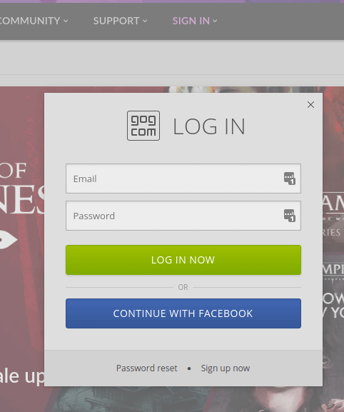 Once you've launched Gog.com, you need to create an account with a username and a password. If you already have one you can just log in