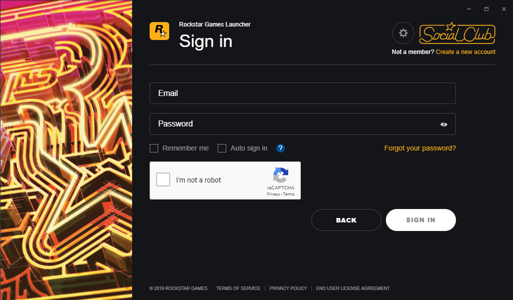 Once you've launched Rockstar, you need to create an account with a username and a password. If you already have one you can just log in